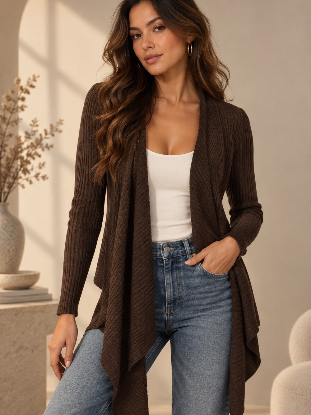 Calvin Klein Jeans Women L Brown Ribbed Knit Open Front Draped Cardigan